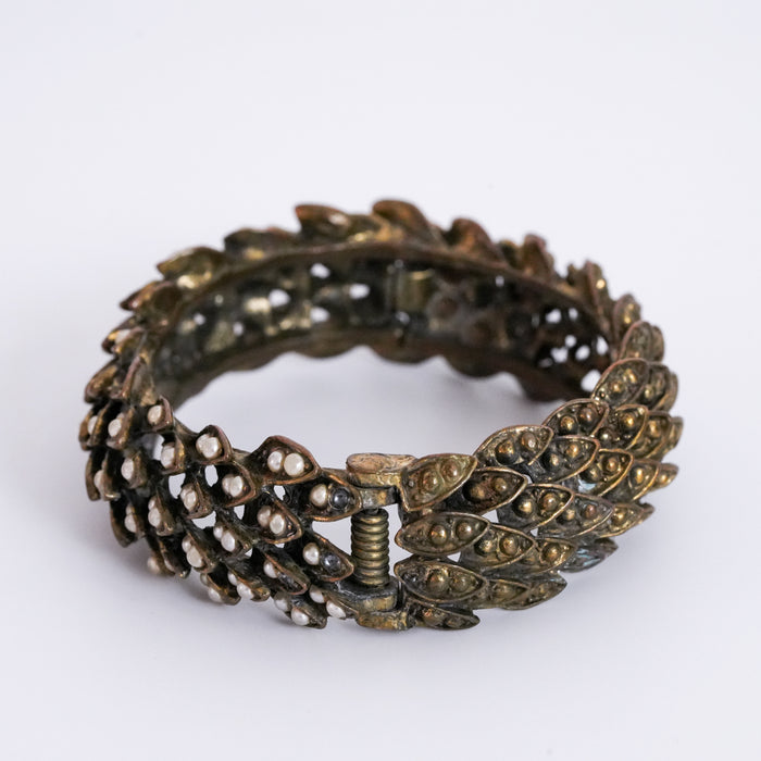 Vintage Leaf Pearl Antique Gold-Tone Hinge Bracelet