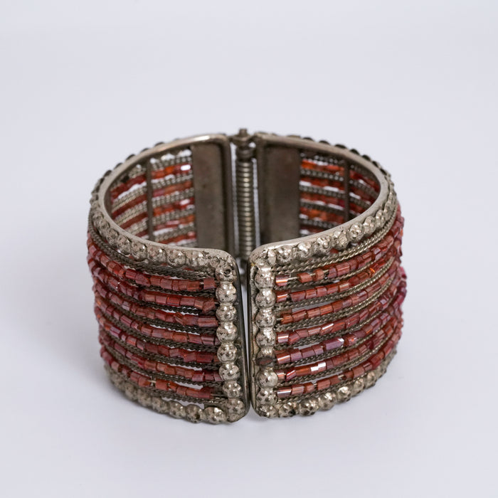 Vintage Red Beaded Silver Cuff Bracelet