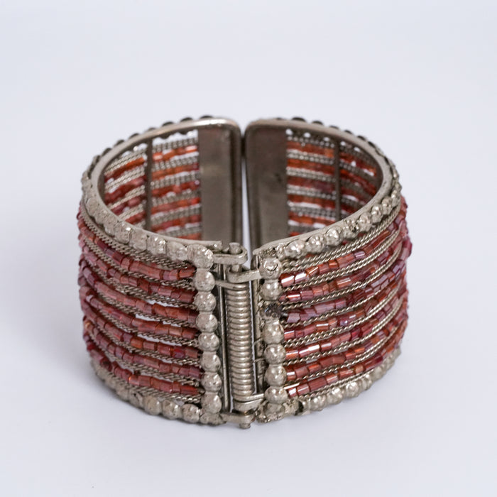 Vintage Red Beaded Silver Cuff Bracelet