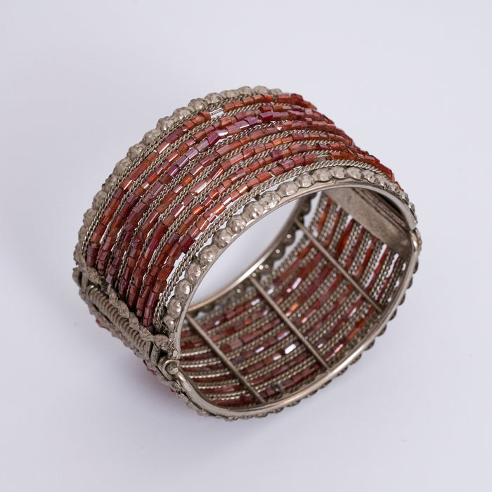 Vintage Red Beaded Silver Cuff Bracelet
