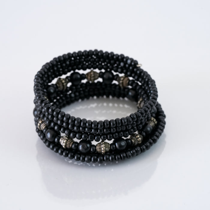 Vintage Black Multi-Strand Beaded Coil Bracelet