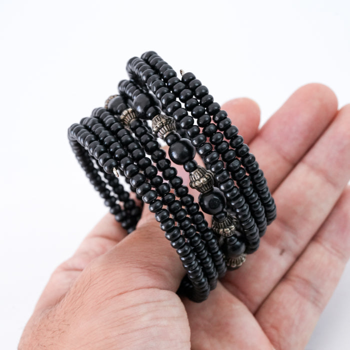 Vintage Black Multi-Strand Beaded Coil Bracelet