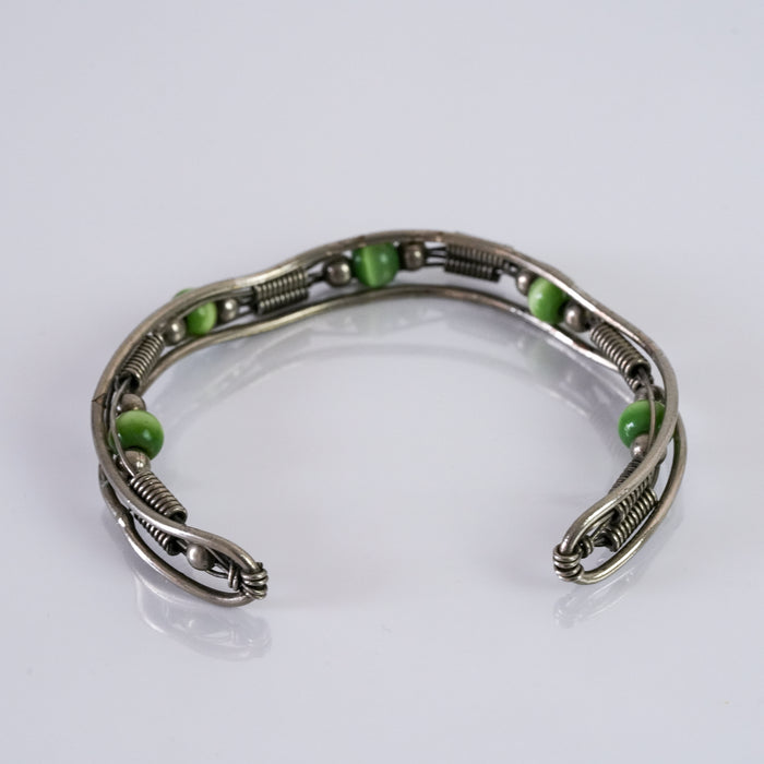 Vintage Green Bead Wirework Open Cuff Bracelet