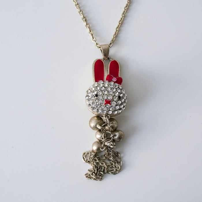 Vintage Rhinestone Bunny Tassel Pendant Necklace