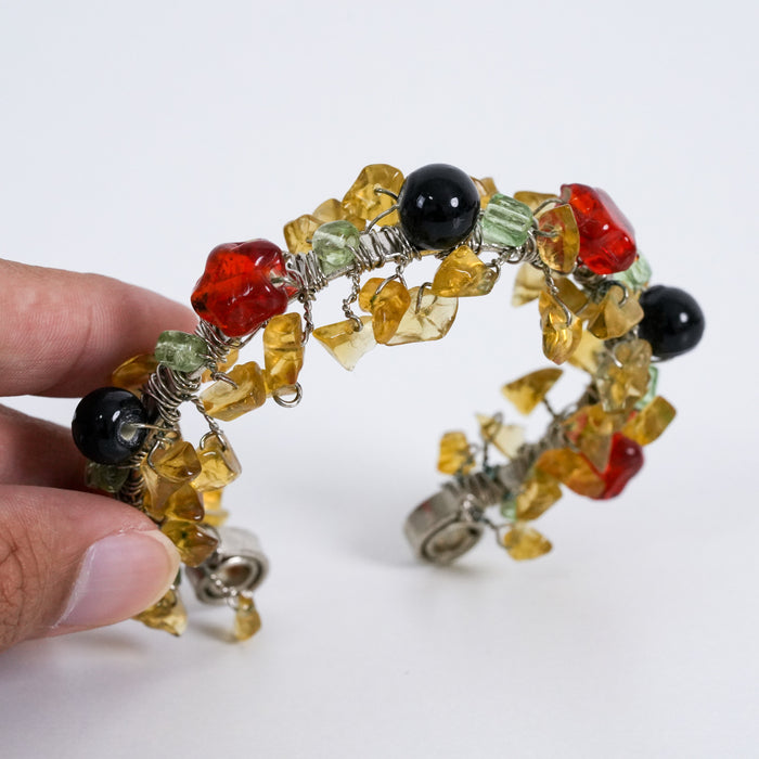 Vintage Wire-Wrapped Gemstone Cluster Cuff Bracelet