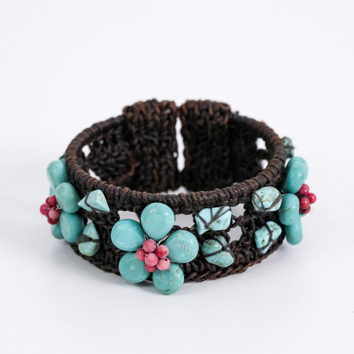 Vintage Handwoven Turquoise Floral Cuff Bracelet