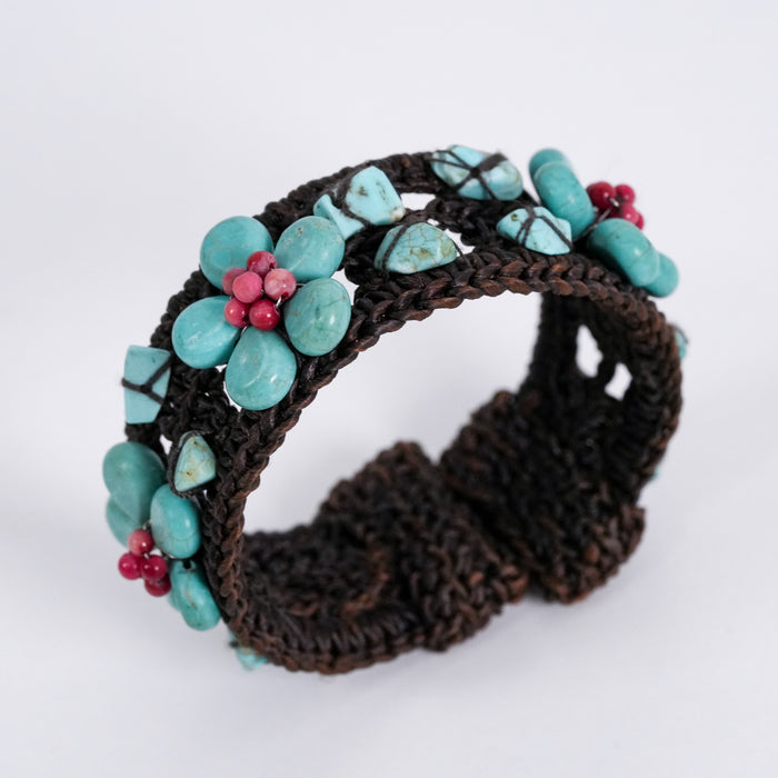 Vintage Handwoven Turquoise Floral Cuff Bracelet