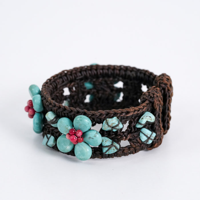 Vintage Handwoven Turquoise Floral Cuff Bracelet