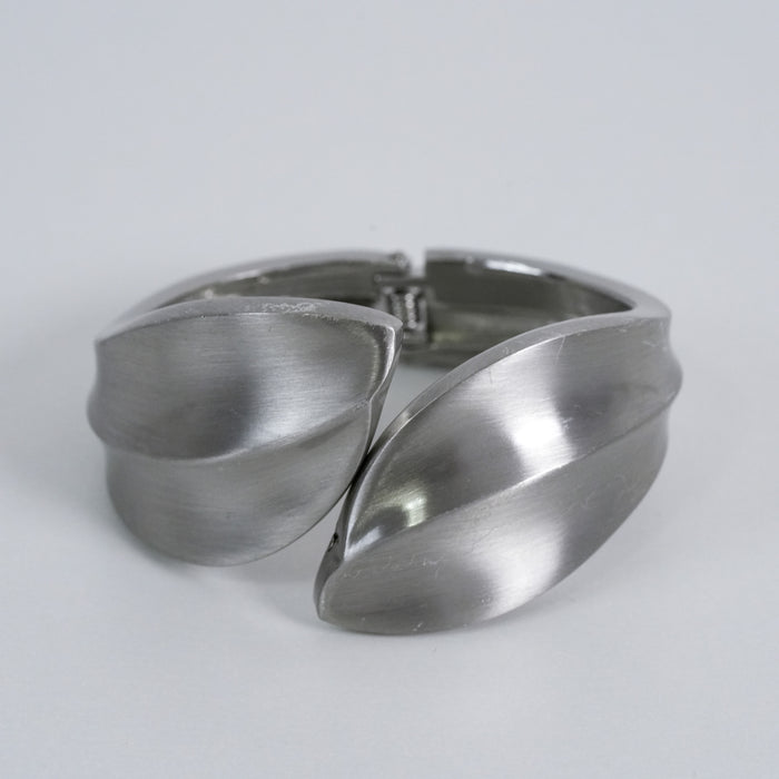 Vintage Brushed Silver-Tone Abstract Hinged Cuff Bracelet