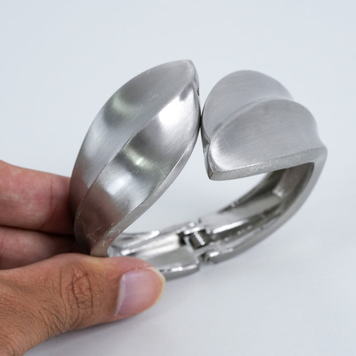 Vintage Brushed Silver-Tone Abstract Hinged Cuff Bracelet