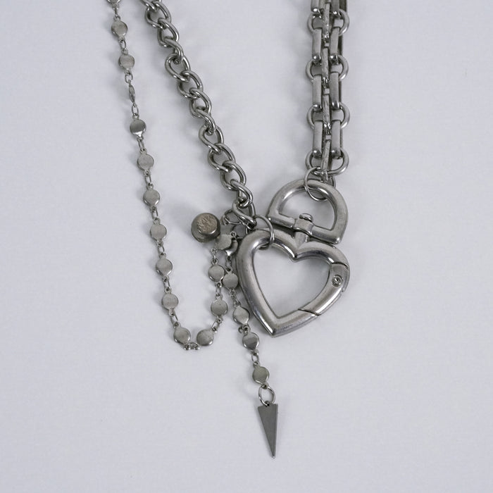 Vintage Silver Heart Lock Layered Chain Necklace