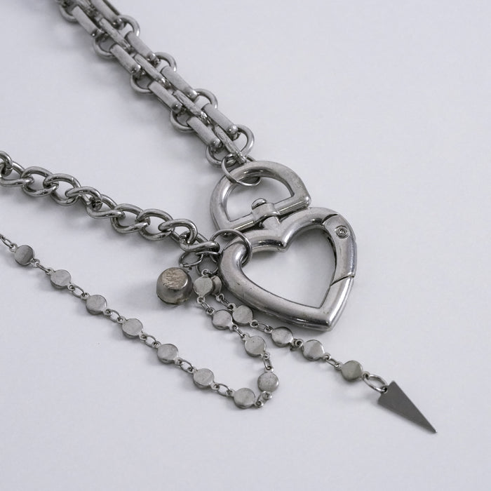 Vintage Silver Heart Lock Layered Chain Necklace