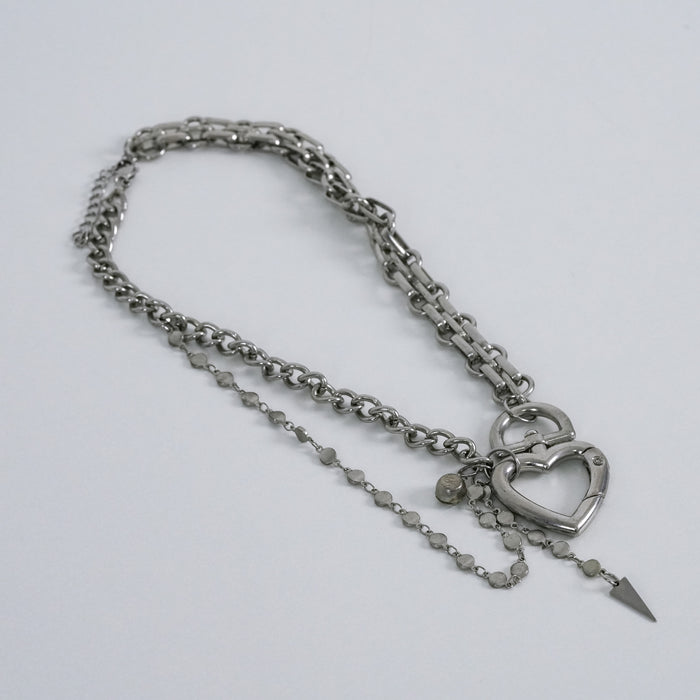 Vintage Silver Heart Lock Layered Chain Necklace