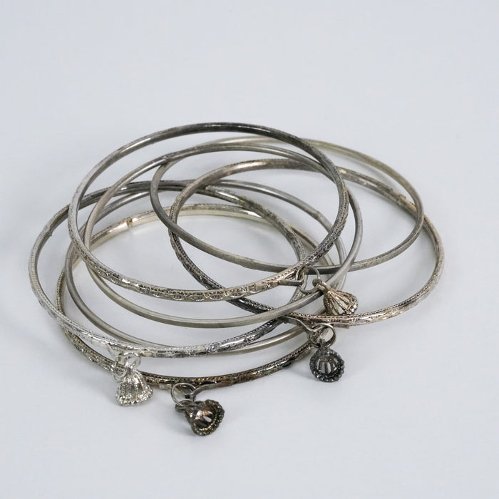 Vintage Silver-Tone Charm Bangle Set (7 Pieces)