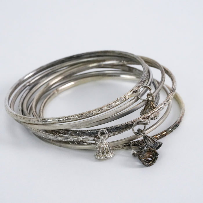 Vintage Silver-Tone Charm Bangle Set (7 Pieces)