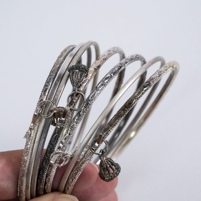 Vintage Silver-Tone Charm Bangle Set (7 Pieces)