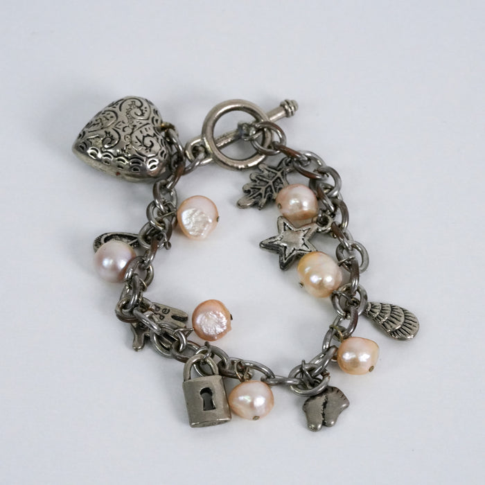 Vintage Handmade Charm & Pearl Link Bracelet