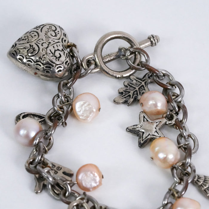 Vintage Handmade Charm & Pearl Link Bracelet