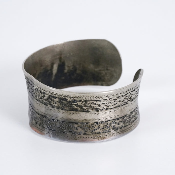 Vintage Engraved Silver-Tone Wide Cuff Bracelet