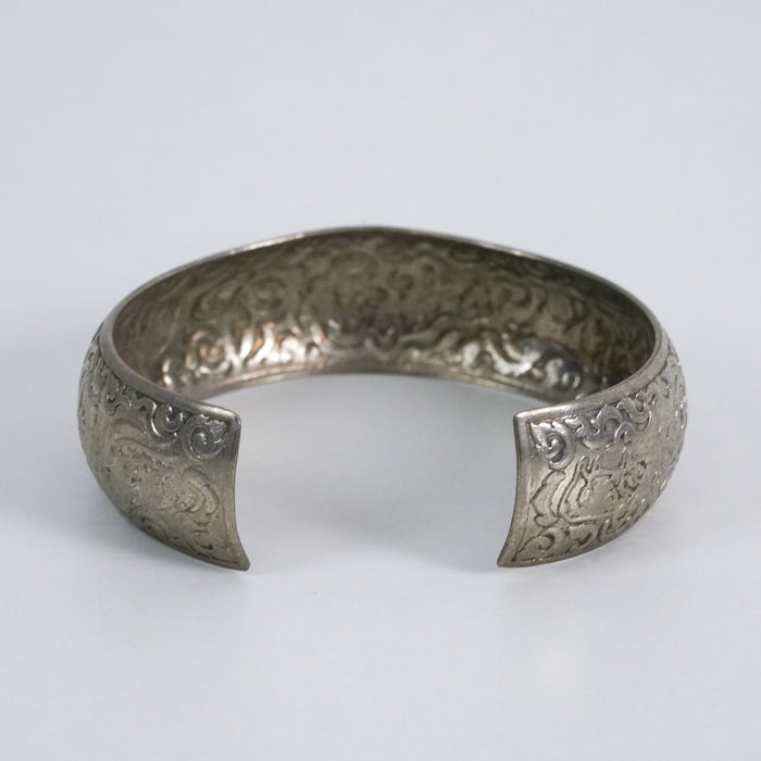 Vintage Engraved Silver-Tone Wide Cuff Bracelet