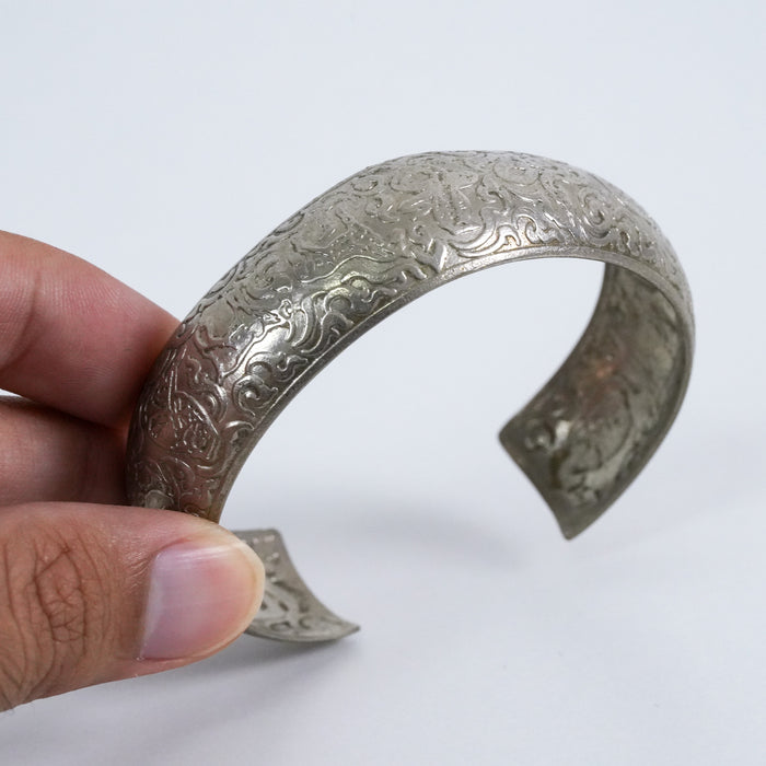 Vintage Engraved Silver-Tone Wide Cuff Bracelet
