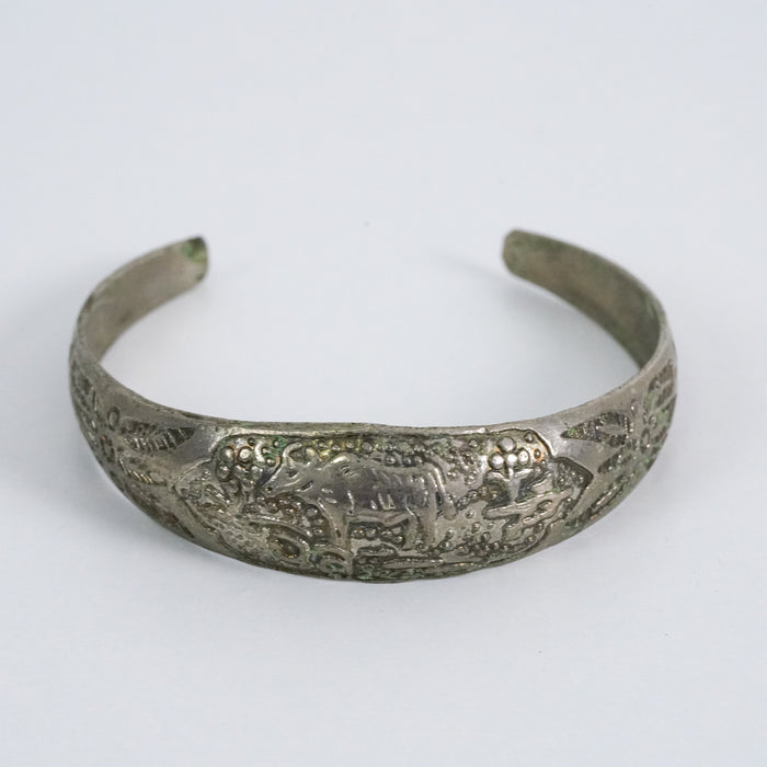 Vintage Embossed Animal Motif Silver-Tone Cuff Bracelet