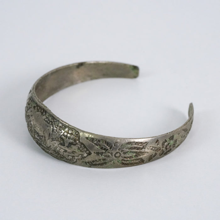 Vintage Embossed Animal Motif Silver-Tone Cuff Bracelet