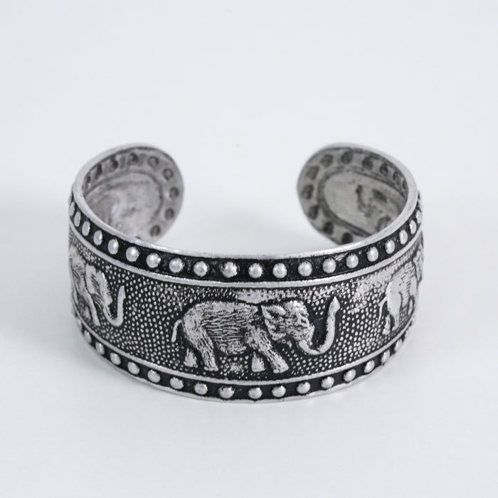 Vintage Elephant Motif Oxidized Silver-Tone Cuff Bracelet