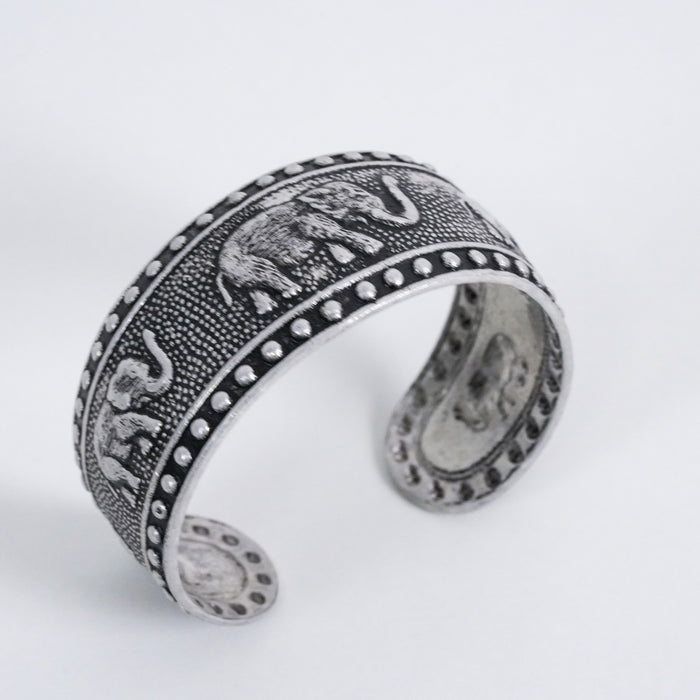 Vintage Elephant Motif Oxidized Silver-Tone Cuff Bracelet