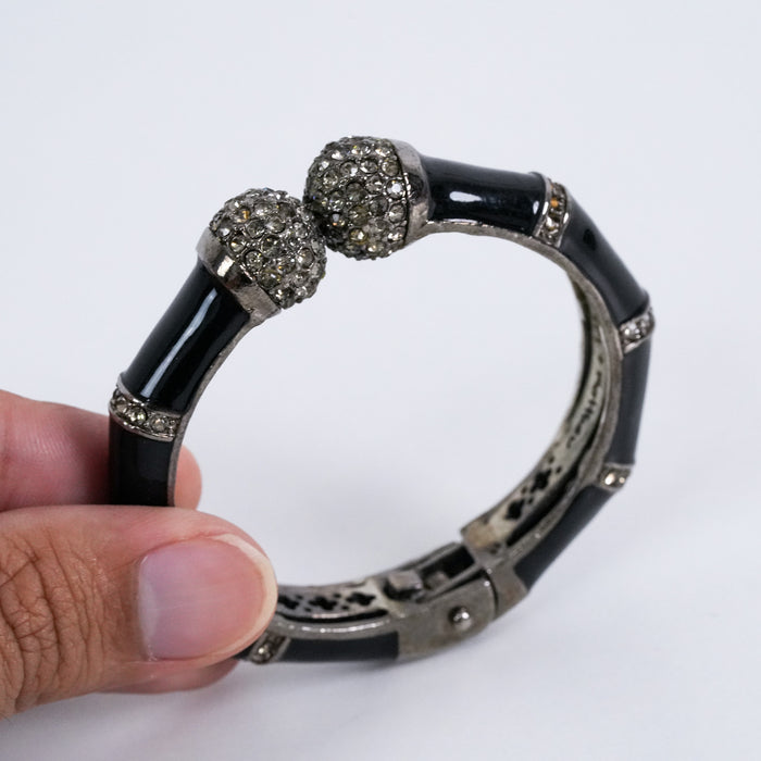 Vintage Black Enamel Rhinestone Hinged Bracelet