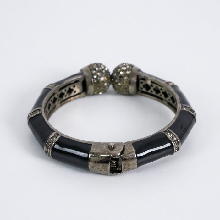 Vintage Black Enamel Rhinestone Hinged Bracelet