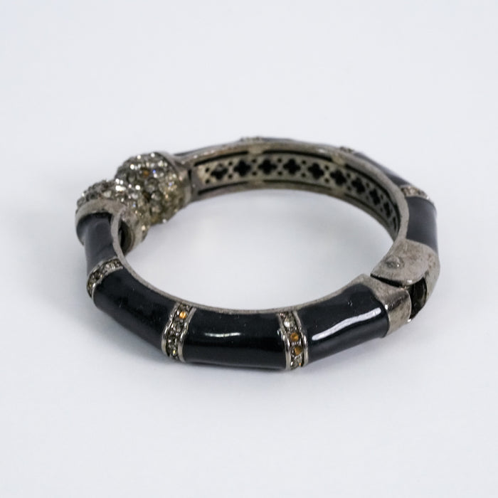 Vintage Black Enamel Rhinestone Hinged Bracelet