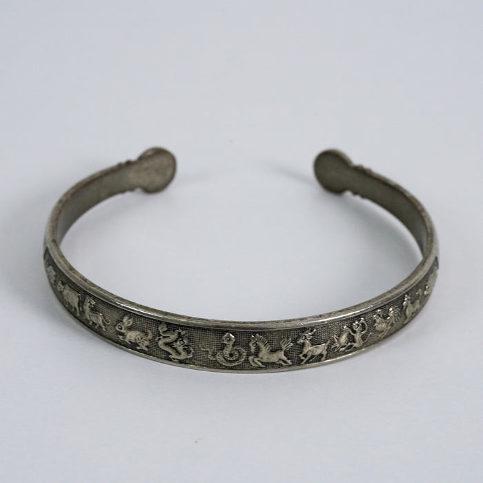 Vintage Zodiac Motif Silver-Tone Open Cuff Bracelet
