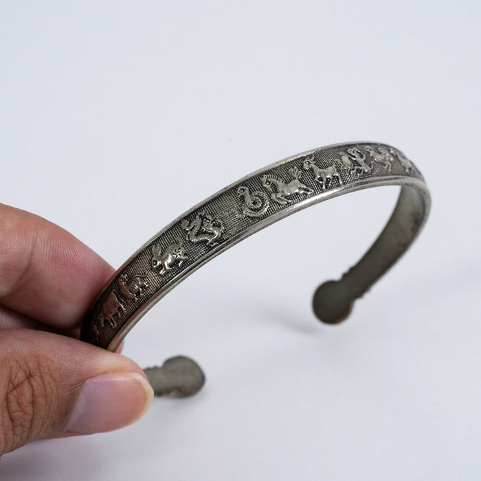 Vintage Zodiac Motif Silver-Tone Open Cuff Bracelet