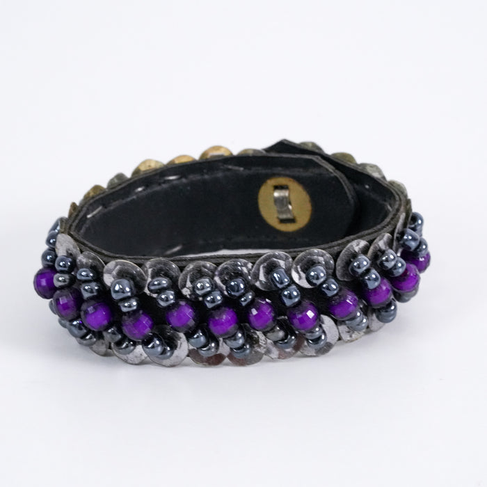 Vintage Purple Beaded Leather Cuff Bracelet
