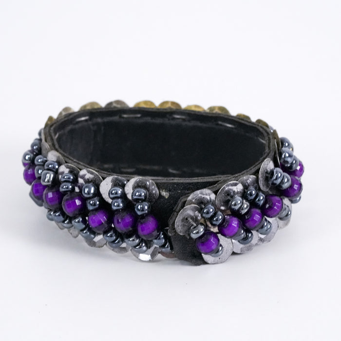 Vintage Purple Beaded Leather Cuff Bracelet