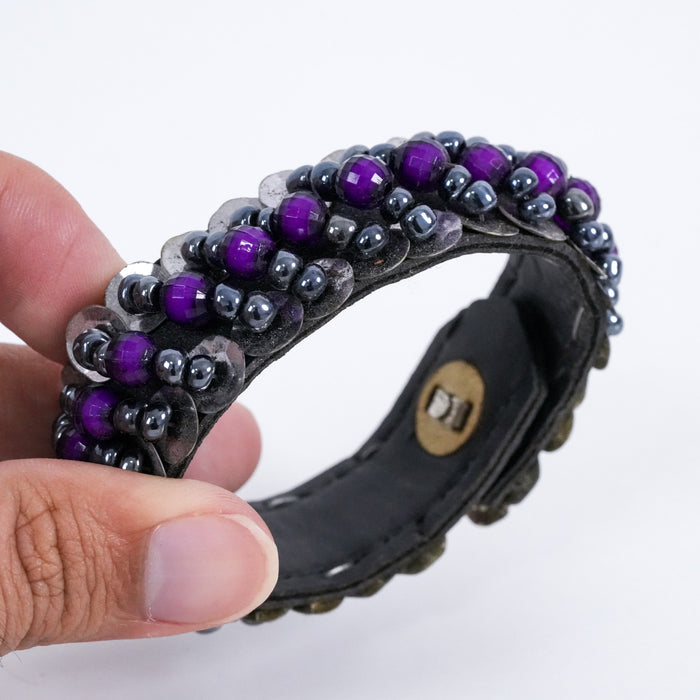 Vintage Purple Beaded Leather Cuff Bracelet