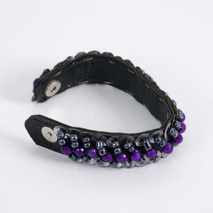 Vintage Purple Beaded Leather Cuff Bracelet