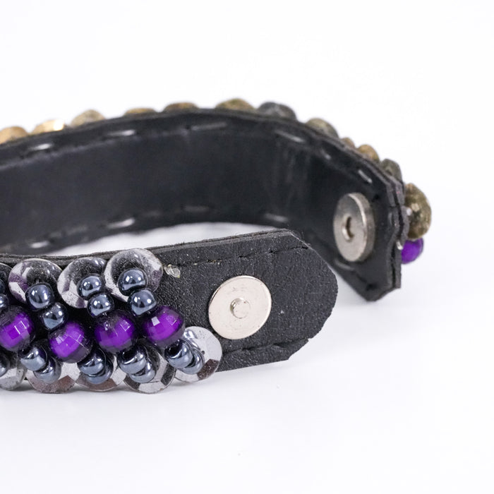 Vintage Purple Beaded Leather Cuff Bracelet