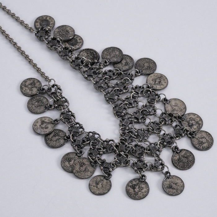 Vintage Silver-Tone Coin Bib Statement Necklace