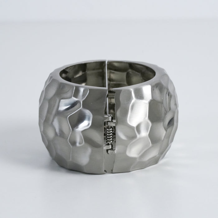 Vintage Hammered Silver Tone Wide Hinged Cuff Bracelet
