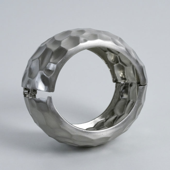 Vintage Hammered Silver Tone Wide Hinged Cuff Bracelet