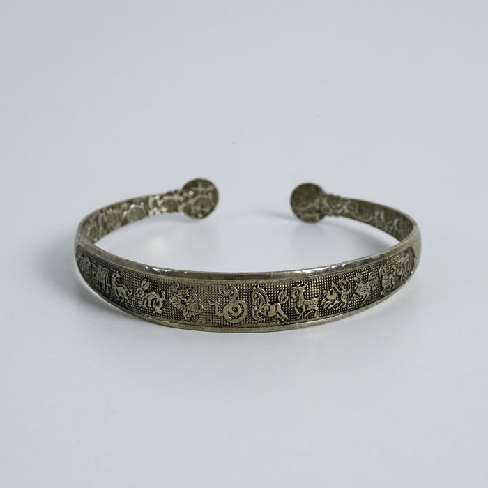Vintage 925 Stamped Zodiac Motif Silver-Tone Open Cuff Bracelet