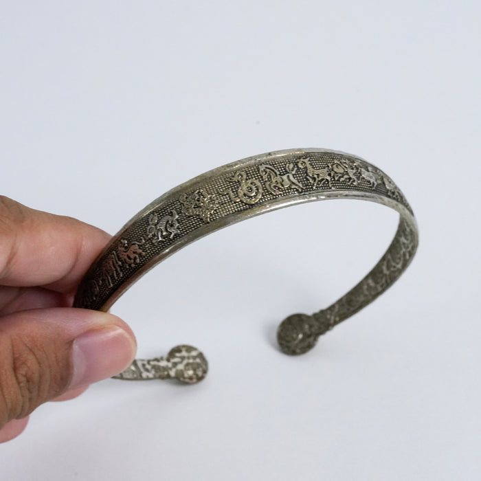 Vintage 925 Stamped Zodiac Motif Silver-Tone Open Cuff Bracelet