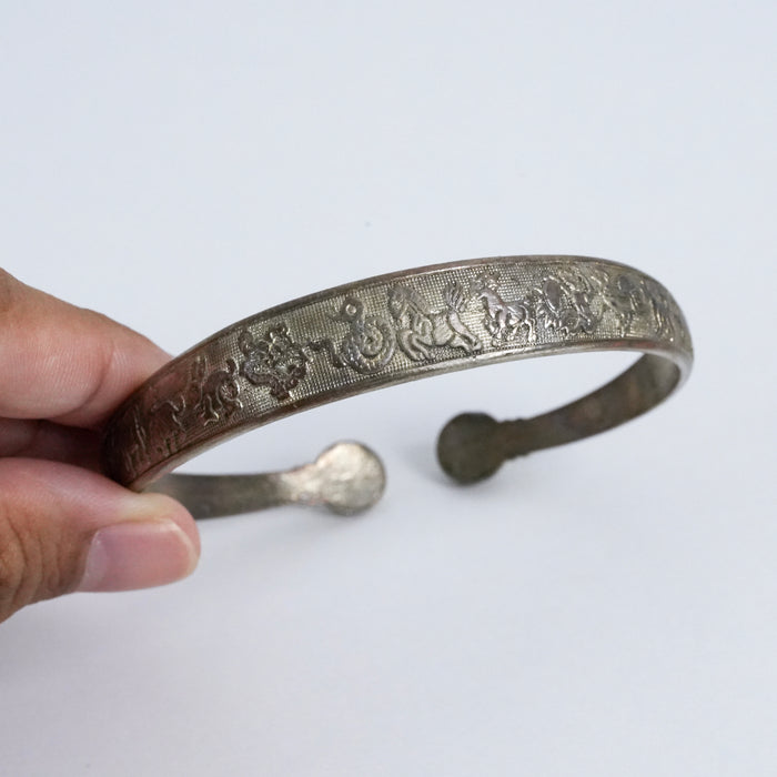 Vintage Zodiac Motif Silver-Tone Open Cuff Bracelet