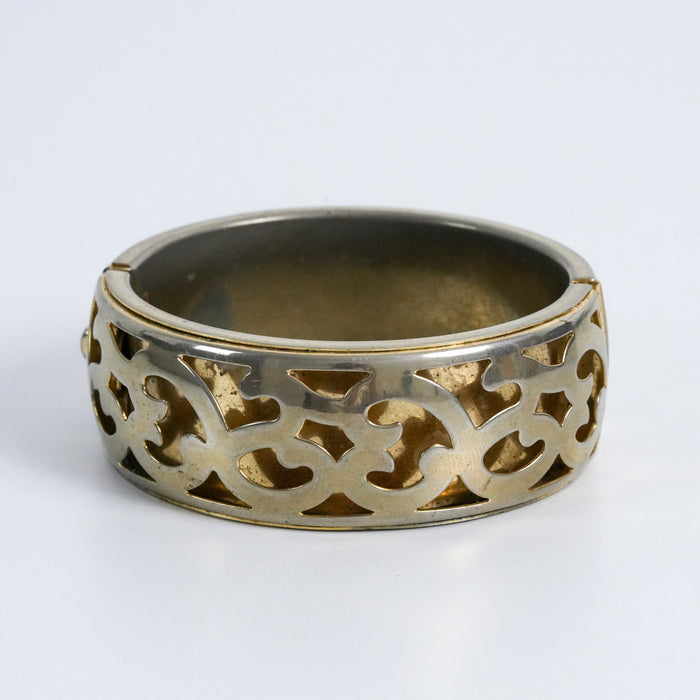 Vintage Two-Tone Filigree Hinged Bangle / Ornate Openwork Bracelet