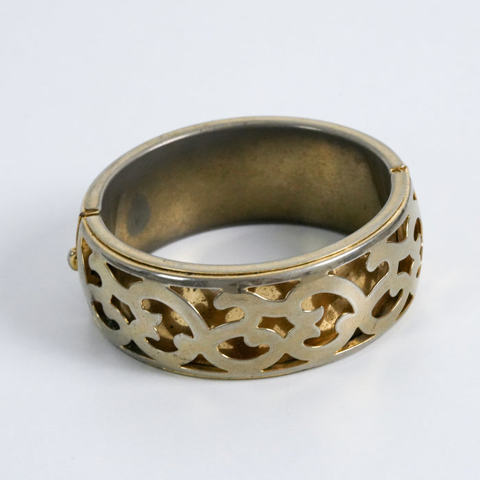 Vintage Two-Tone Filigree Hinged Bangle / Ornate Openwork Bracelet