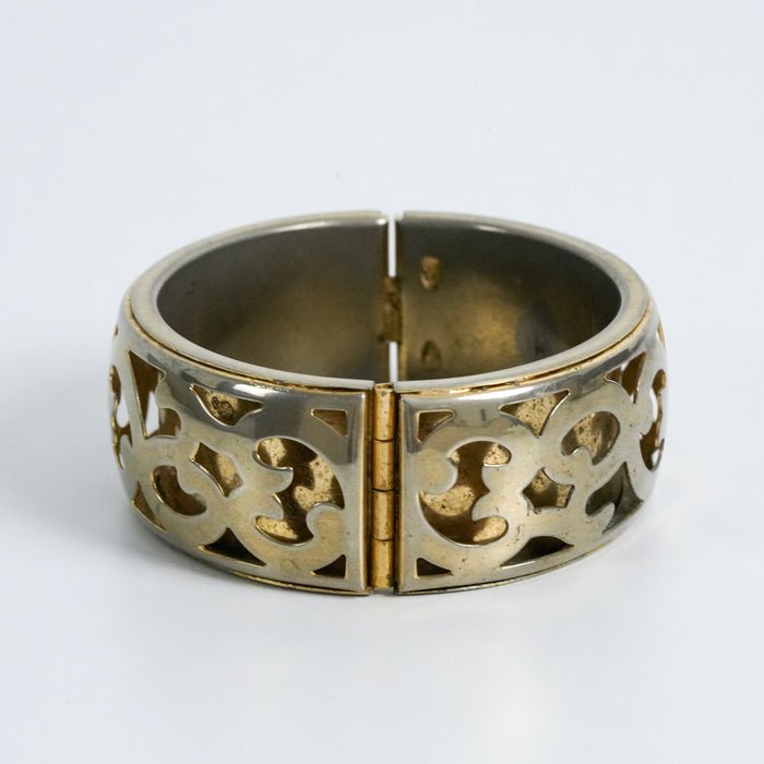 Vintage Two-Tone Filigree Hinged Bangle / Ornate Openwork Bracelet