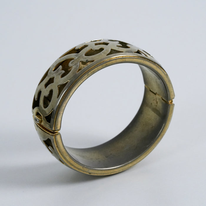 Vintage Two-Tone Filigree Hinged Bangle / Ornate Openwork Bracelet