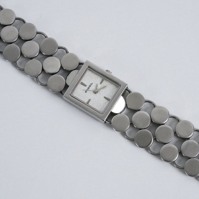 Vintage Fossil Silver Tone Bracelet Watch / Minimalist Square Dial Watch